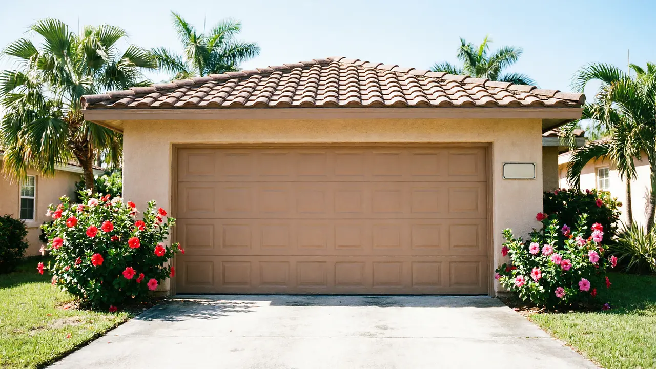 A beige garage door is on a stucco house with a tiled roof and palm trees.