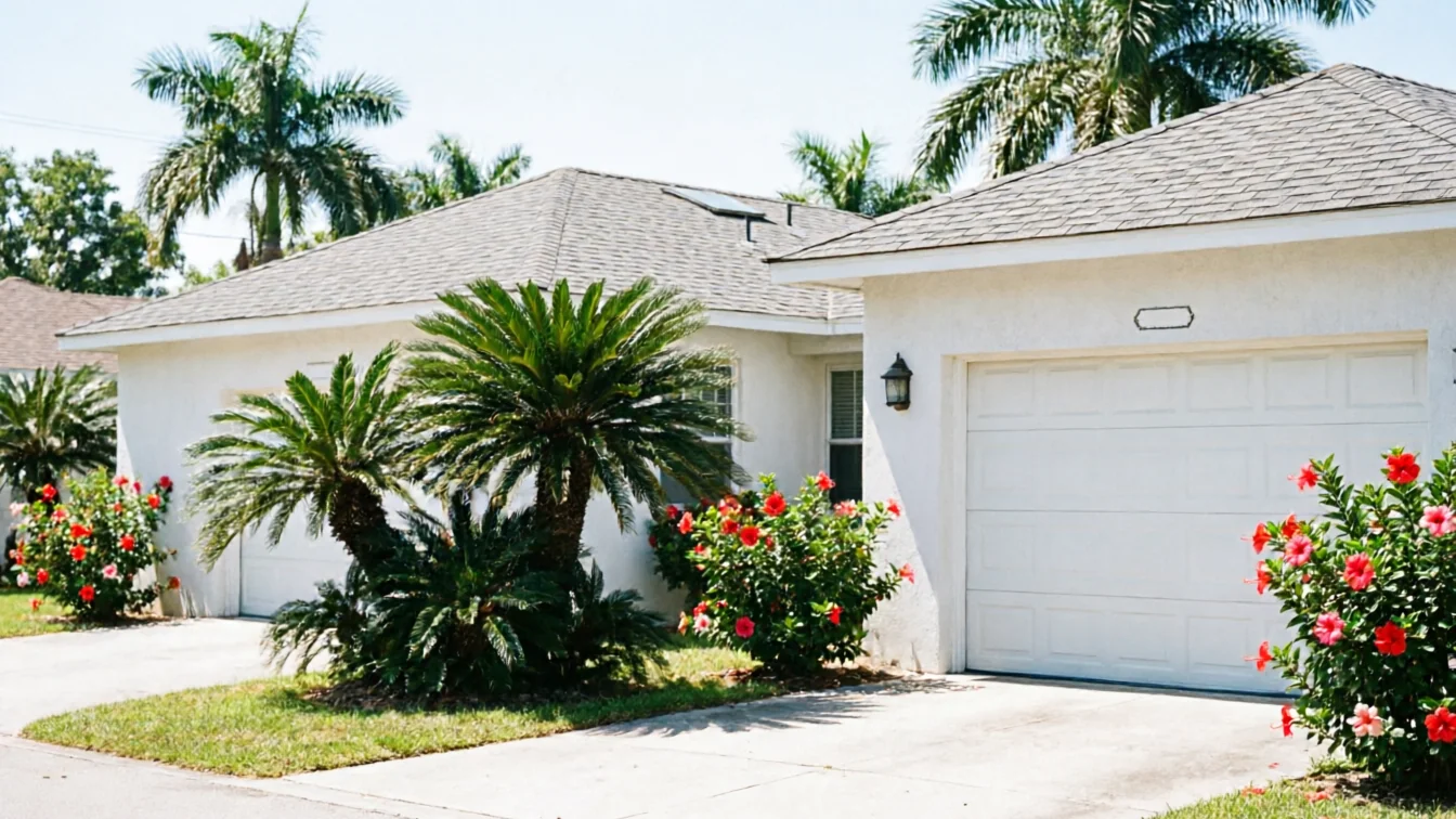 Two white garage doors on white houses with palm trees and red flowers.