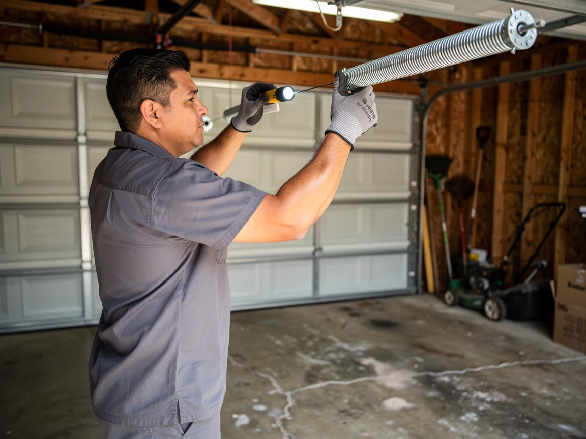 A technician in a gray uniform inspecting a garage door torsion spring with a flashlight.