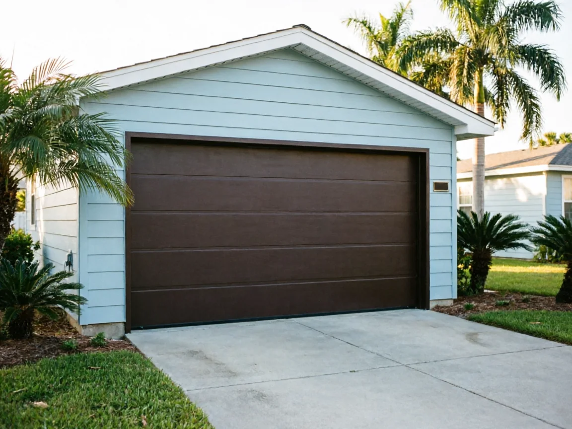 A brown garage door on a light blue house with palm trees.