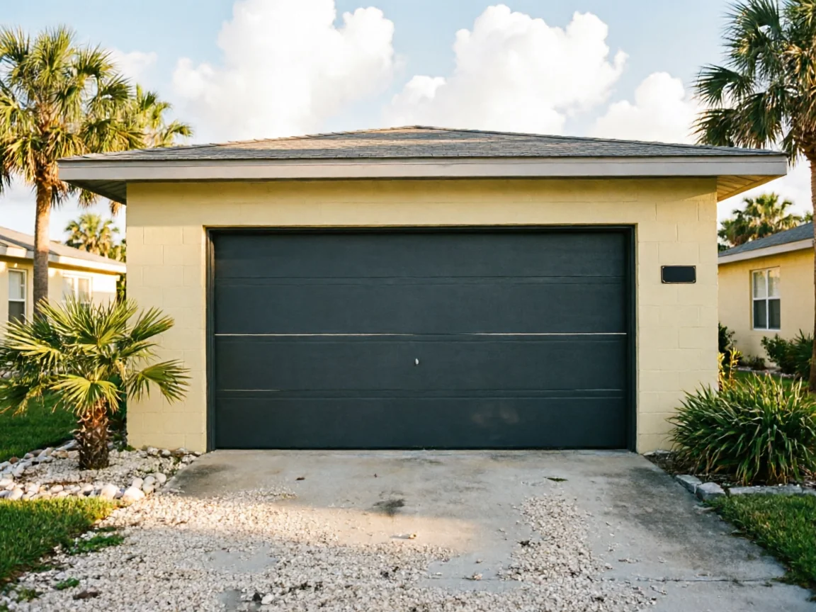 The house has a dark gray garage door, yellow walls, and palm trees.