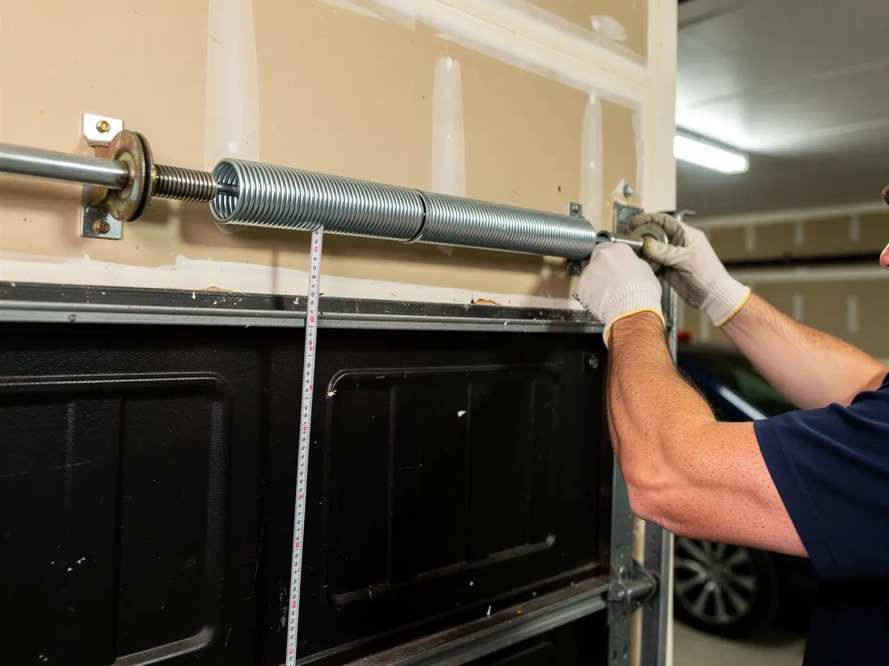 A technician adjusts a garage door torsion spring with a measuring tape.