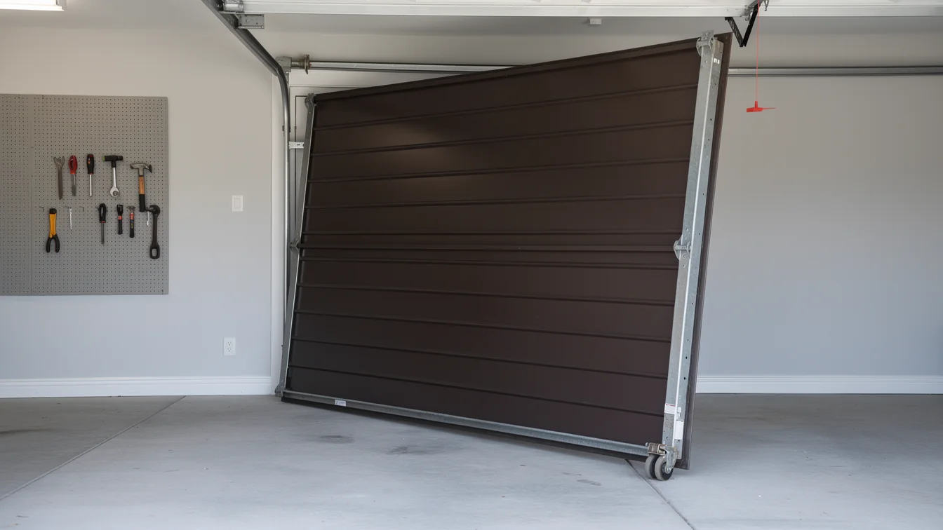 A brown garage door is off its tracks and leaning in a garage.